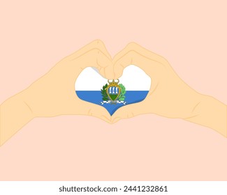 San Marino flag with two hands heart shape, express love or affection concept, support or donate to San Marino, hand heart love sign, vector design, patriotism and nationalism idea