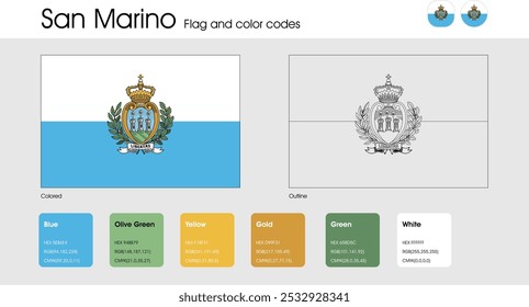 Versão da bandeira de São Marinho de ícones, contorno e coloridos