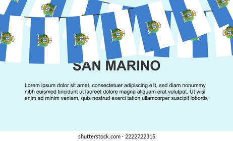 San Marino flags hanging on a rope, celebration and greeting concept, many San Marino flags with text space, banner and poster idea, decoration material, independence day