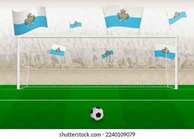 San Marino football team fans with flags of San Marino cheering on stadium, penalty kick concept in a soccer match. Sports vector illustration.