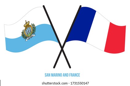 San Marino and France Flags Crossed And Waving Flat Style. Official Proportion. Correct Colors.