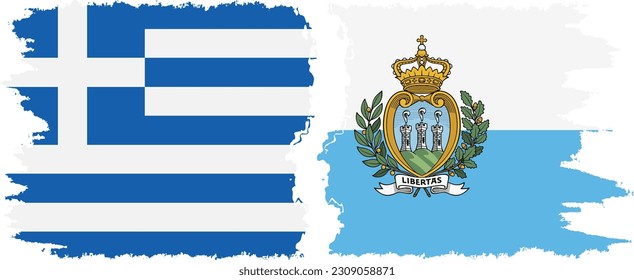 San Marino and Greece grunge flags connection, vector