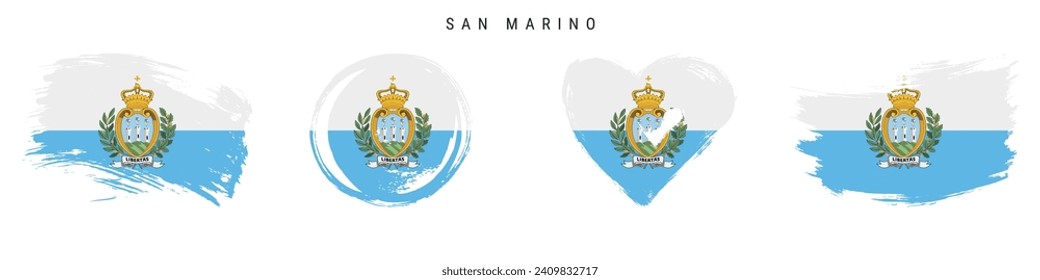 San Marino hand drawn grunge style flag icon set. Most Serene Republic banner in official colors. Free brush stroke shape, circle and heart-shaped. Flat vector illustration isolated on white.