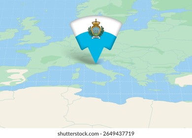 São Marinho Destacado no Mapa da Europa com Ícone de Bandeira. Design detalhado do vetor.