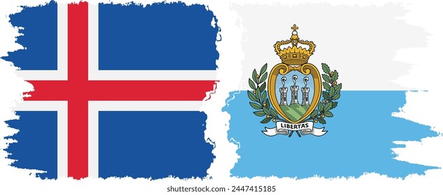 San Marino and Iceland grunge flags connection, vector