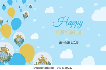 San Marino Independence Day Sparkling Patriotic Poster. Row of Balloons in Colors of the Sammarinese Flag. Greeting Card with National Flags, Blue Skyes and Clouds.