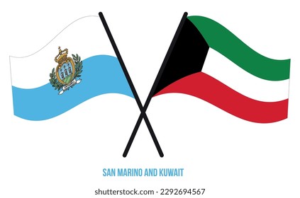 San Marino and Kuwait Flags Crossed And Waving Flat Style. Official Proportion. Correct Colors.