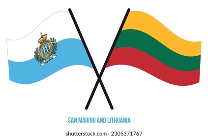 San Marino and Lithuania Flags Crossed And Waving Flat Style. Official Proportion. Correct Colors.