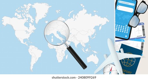 San Marino is magnified over a World Map, illustration with airplane, passport, boarding pass, compass and eyeglasses. Vector illustration.