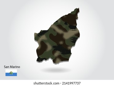 San Marino map with camouflage pattern, Forest - green texture in map. Military concept for army, soldier and war. coat of arms, flag.