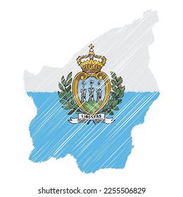 San Marino map color hand drawn sketch. Vector concept illustration flag, scribble map. Country map for infographic, brochures and presentations isolated on white background. Vector illustration.