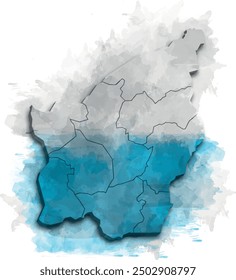 SAN MARINO MAP WITH ITS DISTRICTS AND POLITICAL ADMINISTRATIVE DIVISIONS WITH FLAG WATERCOLOR STYLE