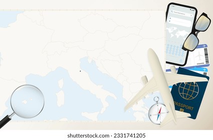 San Marino map and flag, cargo plane on the detailed map of San Marino with flag, passport, magnifying glass and airplane. Vector template.