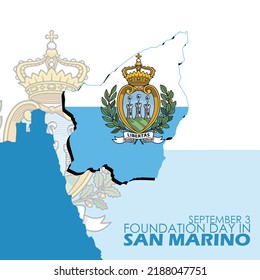 San Marino map and flag with castle hill illustration and bold text to commemorate Foundation Day in San Marino on September 3