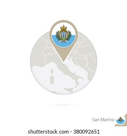 San Marino map and flag in circle. Map of San Marino, San Marino flag pin. Map of San Marino in the style of the globe. Vector Illustration.