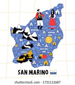 San Marino map flat hand drawn vector illustration flag. Names lettering and cartoon landmarks, tourist attractions cliparts. San Marino travel, trip comic infographic poster, banner concept design