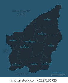 San Marino map. High detailed map of San Marino with countries, borders, cities, water objects. Vector illustration eps10.