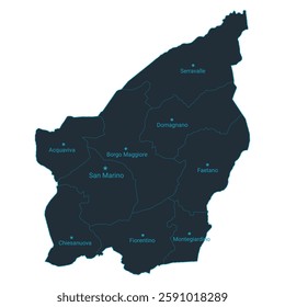 San Marino map high detailed with administrative divide by state, capital cities names, outline simplicity style. Vector illustration EPS10.