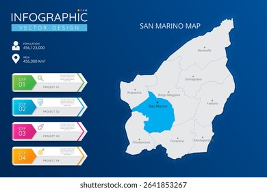 San Marino map with location pointer marks. High detailed country map with division, cities and capital infographic template. Vector illustration EPS10