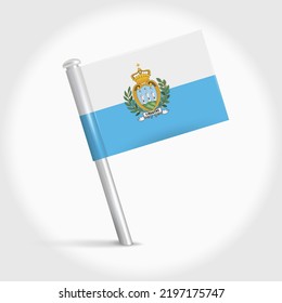 San Marino map pin flag icon. Most Serene Republic pennant map marker on a metal needle. 3D realistic vector illustration.