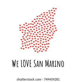 San Marino Map with red hearts- symbol of love. abstract background with text We Love San Marino. vector illustration. Print for t-shirt