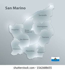 San Marino map separates regions and names individual regions, San Marino flag, design glass card 3D vector