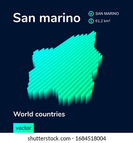 San Marino map. Stylized isometric neon striped vector 3d map. Map of San Marino is in green and mint colors on the dark blue background