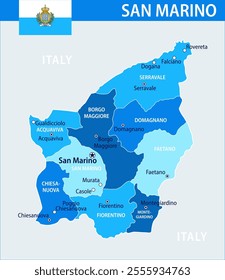 San Marino Map Vector Blue Spot - Customizable layered political map of San Marino with administrative divisions for website, education, reports, news, politics, print, poster and wallpaper