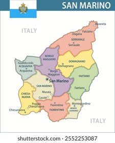 San Marino Mapa de Vector Nuevo 2024 Colorido - Mapa político en capas personalizable de San Marino con divisiones administrativas para Sitio web, educación, informes, noticias, política, impresión, póster y Fondo de pantalla