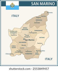 San Marino Map Vector Vintage Dark Blue Beige - Customizable layered political map of San Marino with administrative divisions for website, education, reports, news, politics, print, poster and wallpa