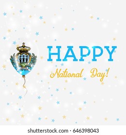 San Marino National Day patriotic poster. Flying Rubber Balloon in Colors of the Flag. Background with Confetti, Stars, Bokeh and Sparkles.
