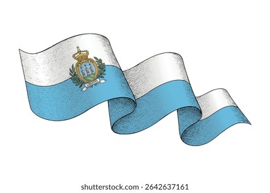 San Marino national flag waving ribbon shape with engraved vintage texture