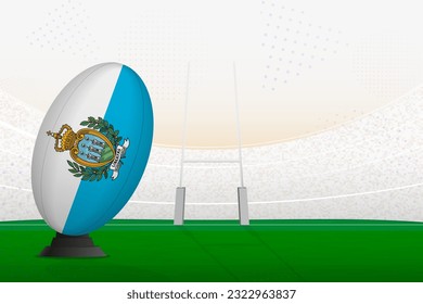 San Marino national team rugby ball on rugby stadium and goal posts, preparing for a penalty or free kick. Vector illustration.