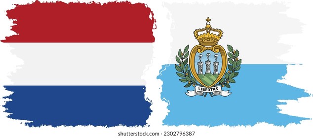 San Marino and Netherlands grunge flags connection, vector