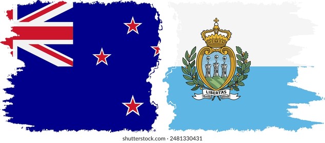 San Marino and New Zealand grunge flags connection, vector