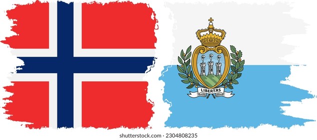 San Marino and Norway grunge flags connection, vector