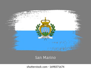 San Marino official flag in shape of paintbrush stroke. National identity symbol. Grunge brush blot object isolated on white background vector illustration. San Marino country patriotic stamp.