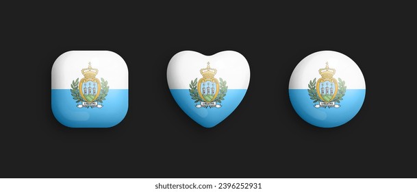 San Marino Official National Flag 3D Vector Glossy Icons In Rounded Square, Heart And Circle Shape Isolated On Black Background. Sign And Symbols Graphic Design Elements Volumetric Buttons Collection