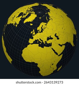 San Marino on a globe. Country view on the world map in a Charcoal Bright Yellow color palette. San Marino shape on map. Globe with meridians, parallels, countries, rivers, and lakes.
