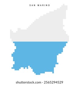 San Marino pixel flag map icon. 8 bit pixel art Most Serene Republic map covered with flag. Flat vector illustration isolated on white background.