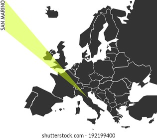 San Marino - political map of Europe with marked state. Marker looks like ray of light. (vector illustration)