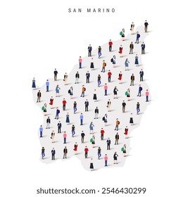 San Marino population map. Large group of realistic a diverse crowd of people figures in a shape of Most Serene Republic map. Flat vector illustration isolated on white.