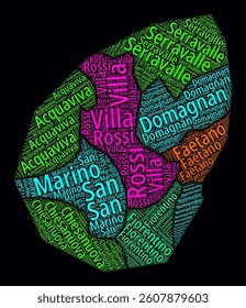 San Marino Regions Word Cloud. Bright neon style design on a dark background. Region names of the country in the Italian language. Country shape with administrative division. Awesome vector illustration.
