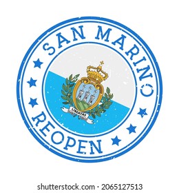San Marino Reopening Stamp. Round badge of country with flag of San Marino. Reopening after lock-down sign. Vector illustration.