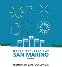 San Marino republic day vector illustration with its national flags and fireworks. European country public holiday.