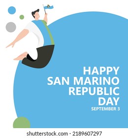 San Marino republic day vector illustration with a man jumping and holding the national flag. European country public holiday celebrated on September 3.