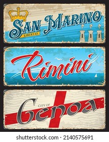 San Marino, Rimini and Genoa italian cities travel stickers and plates. European vacation journey souvenir tin sign or Italy city vector vintage postcard with flags 