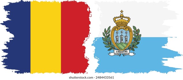 San Marino and Romania grunge flags connection, vector