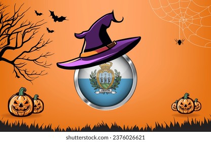 san marino round flag with Happy Halloween banner or party invitation background. bats, spiders and pumpkins, orange background