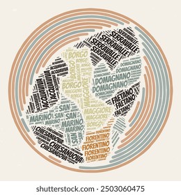 San Marino Round Poster. Typography style image of Country. Regions word clouds of San Marino. Vintage image design with scratch texture.